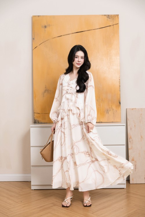 Sixdo Printed White Voile Maxi Dress